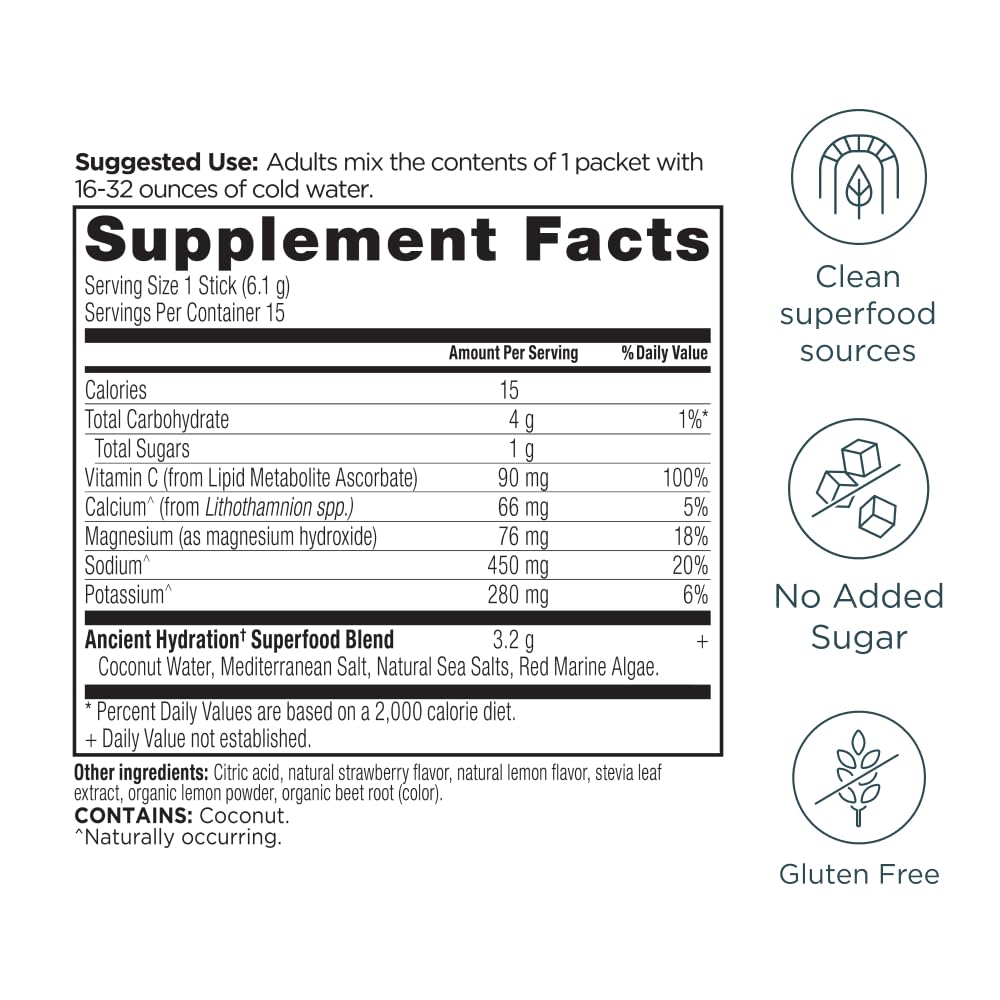 Ancient Nutrition Rapid Hydration Electrolytes Powder, Strawberry Lemonade, 3.2 oz