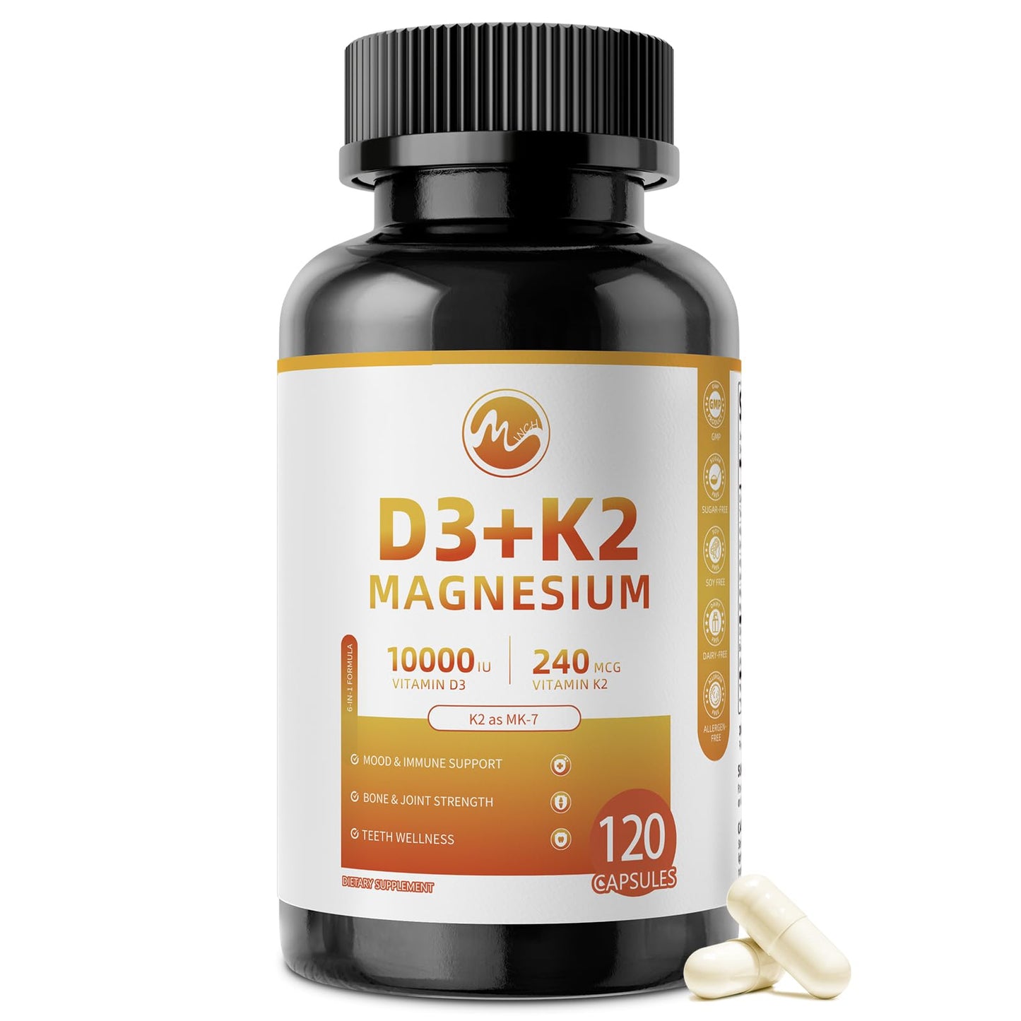 M inch Vitamin D3 K2 with Magnesium Vitamin D3 10000 IU, K2 MK-7 240 mcg Capsule, 120 Count