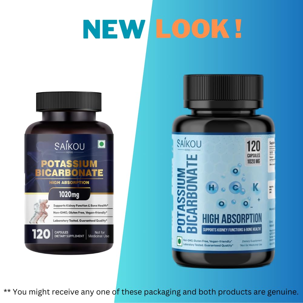 SAIKOU HERBS Potassium Supplement 1020mg High Absorption Potassium Bicarbonate Capsules, 120 Capsules