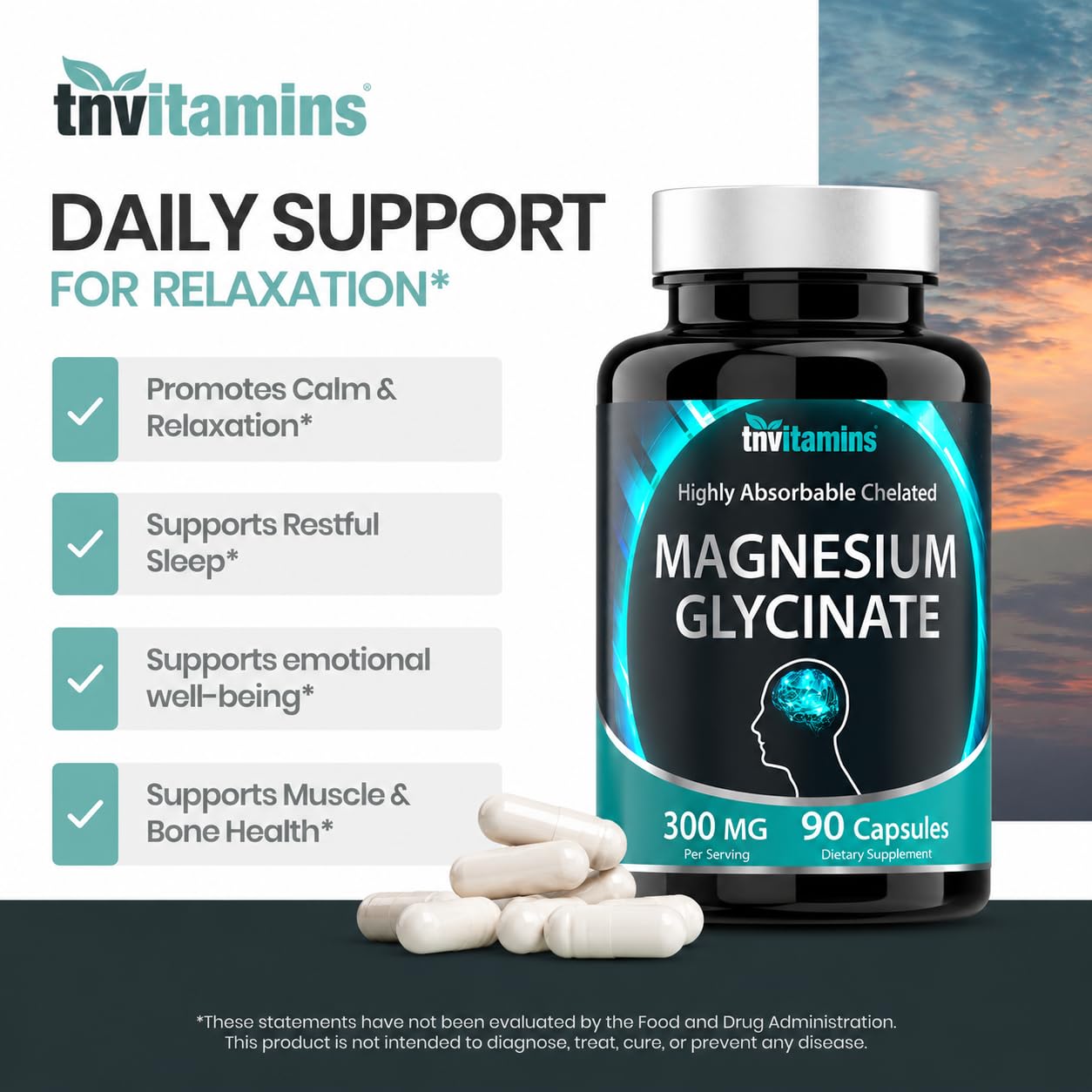 tnvitamins Magnesium Glycinate 300mg, 90 Capsules