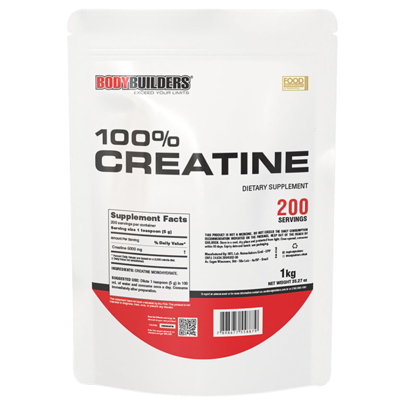 BODY BUILDERS 100% Creatine Powder, Unflavored, 200 Servings