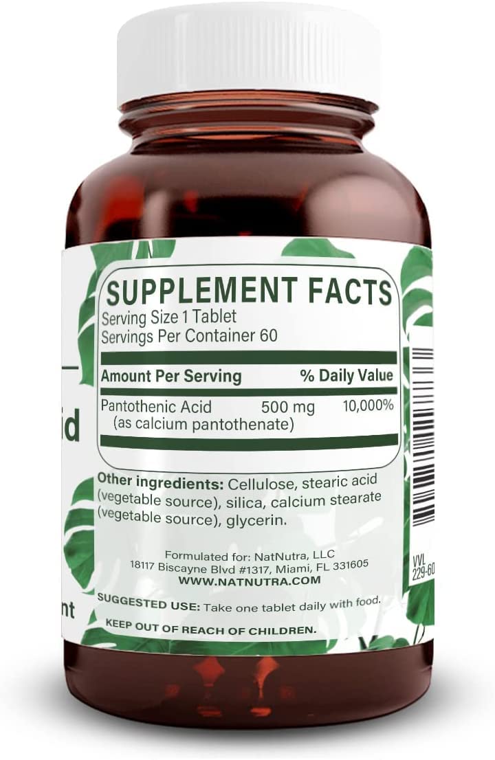Natural Nutra Time Release Pantothenic Acid 500 mg Vitamin B5 Supplement, 180 Tablets