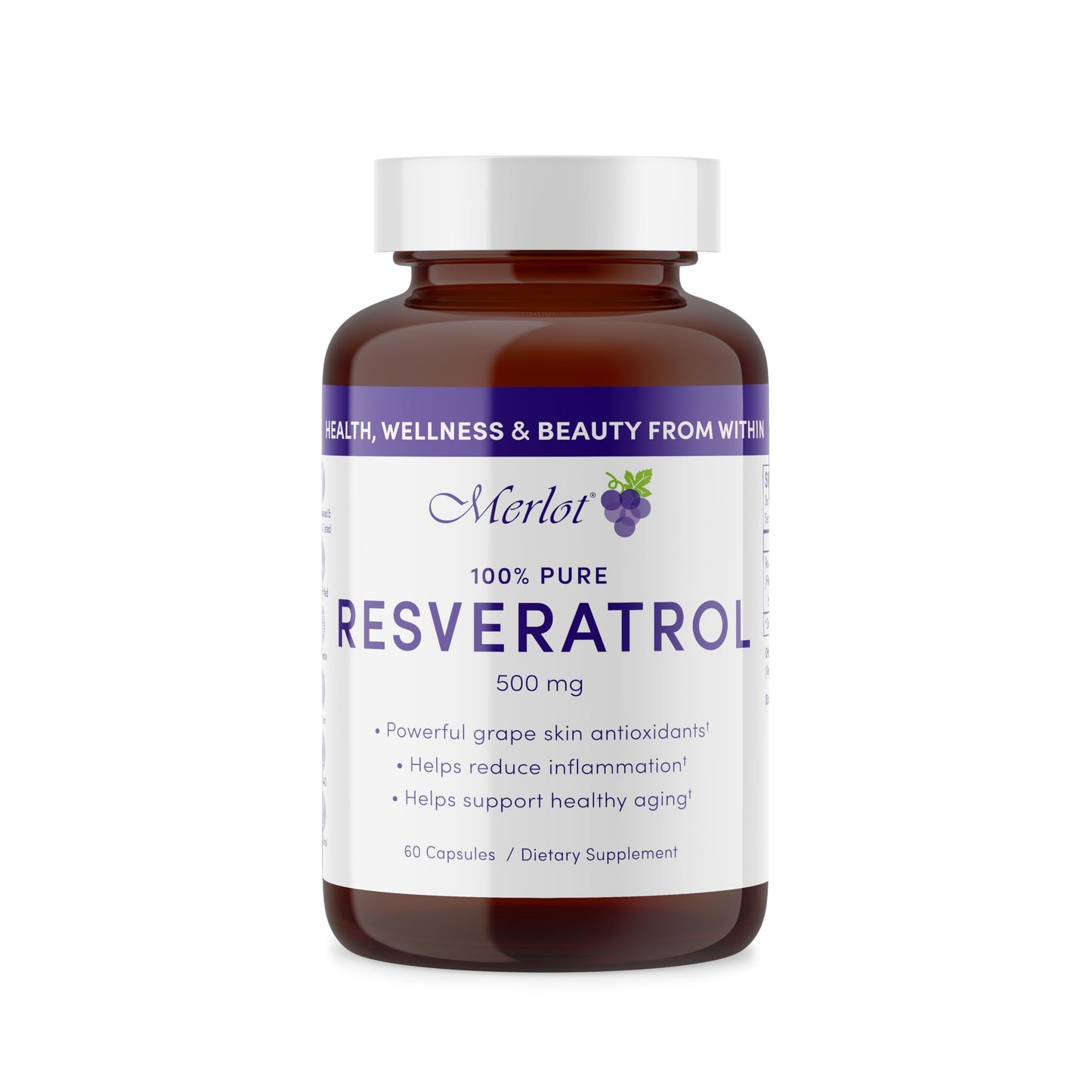 Merlot Resveratrol 500mg Capsule, 60 Count, Non-GMO, Gluten Free, Made in USA
