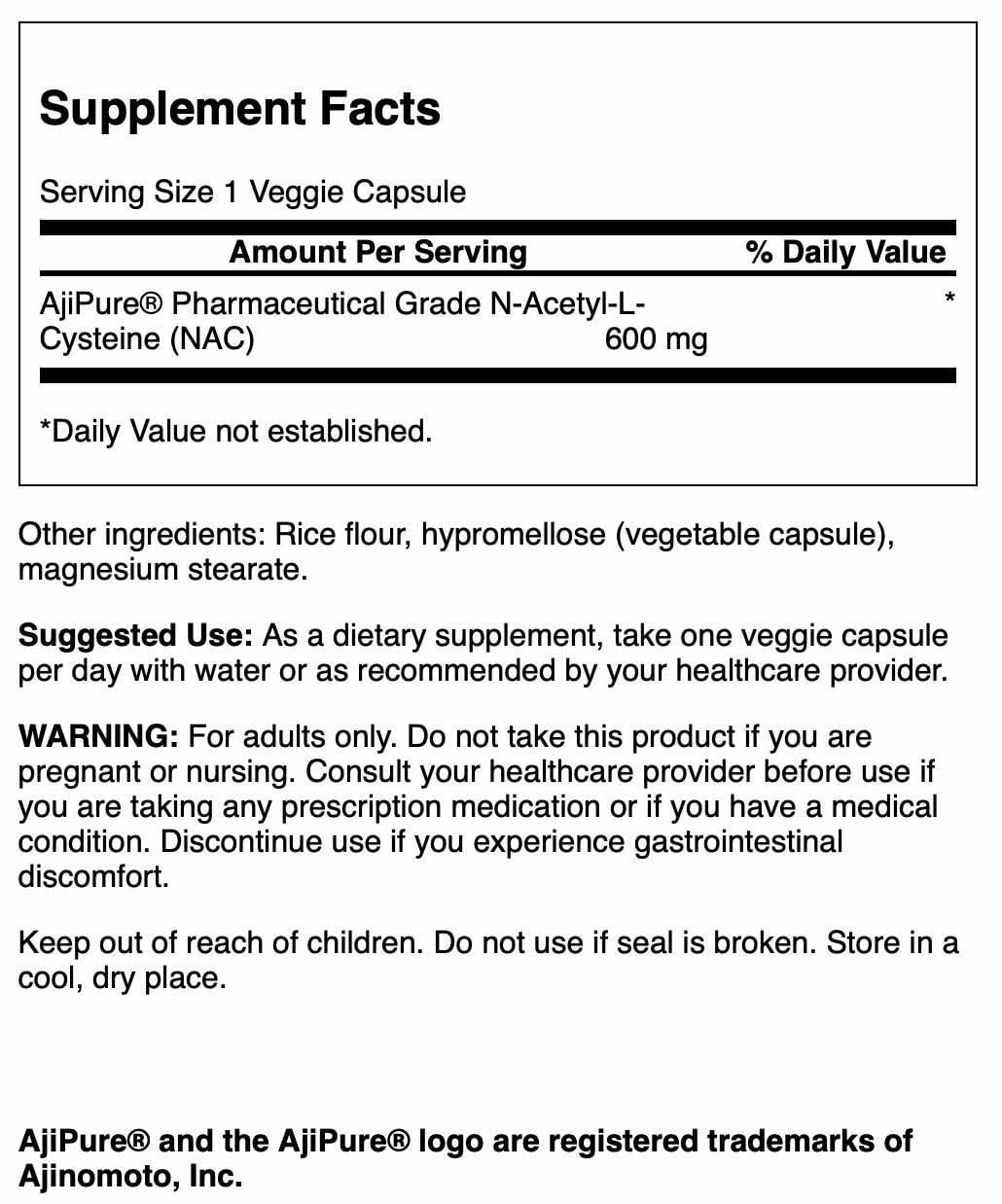 Swanson N-Acetyl-L-Cysteine Ajipure Pharmaceutical Grade 600 mg, 60 Veg Capsules