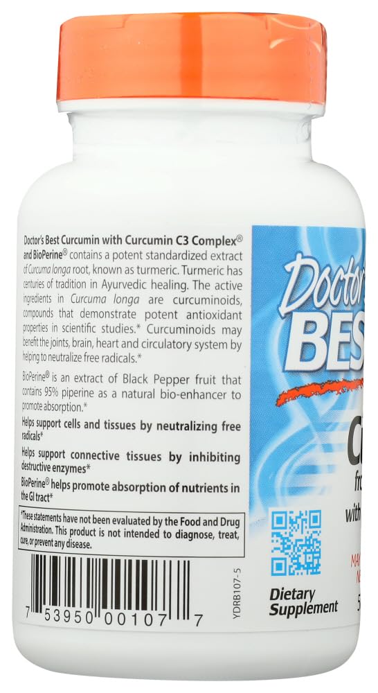 Doctor's Best Curcumin C3 Complex with BioPerine 500 mg Capsules, 120 Count