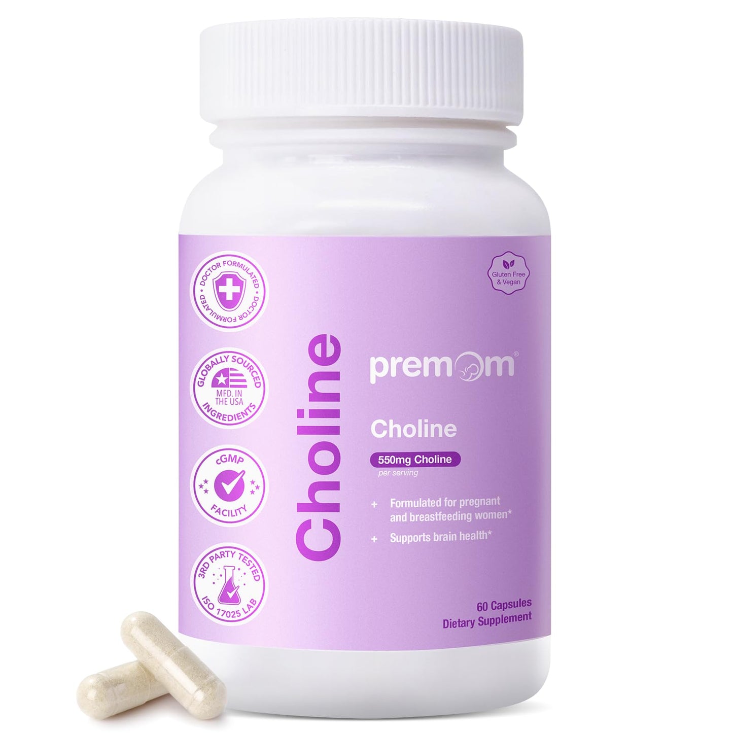 Premom Prenatal Choline Capsule, 550mg Choline Bitartrate, Supports Baby Brain Health & Cognitive Development, 60 Capsules