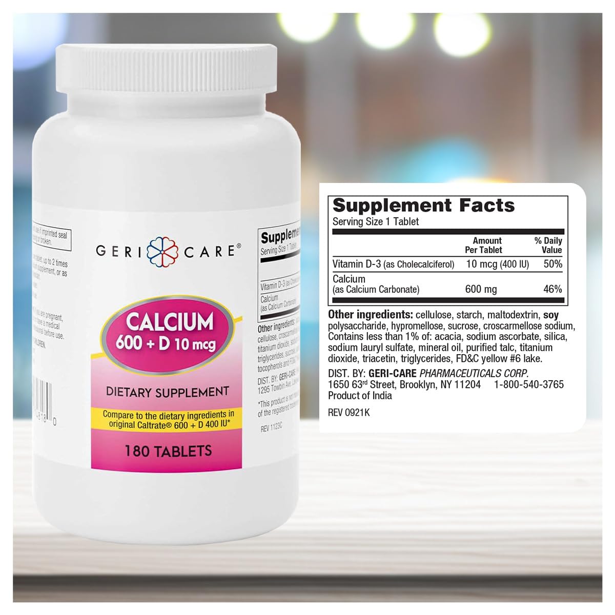 GeriCare Calcium 600mg Vitamin D 10mcg Tablets, 180 Count