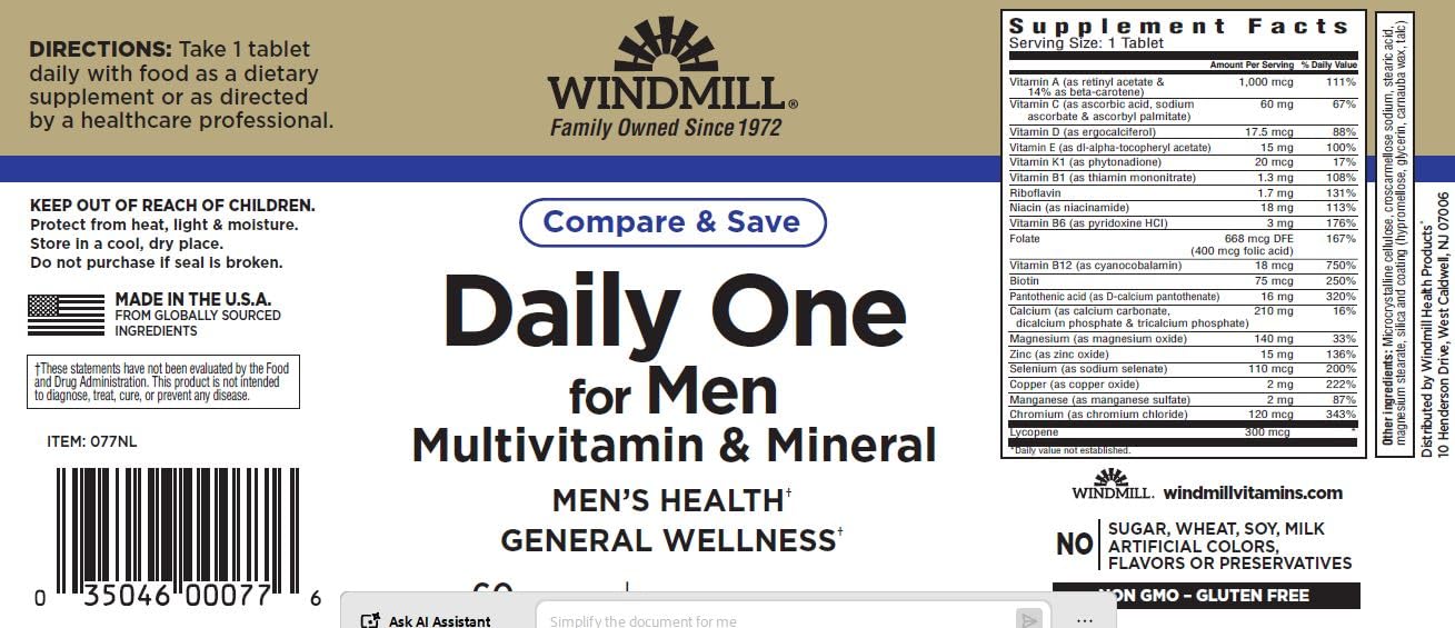 Windmill Daily Vitamin TB Mens WMILL Tablets 60