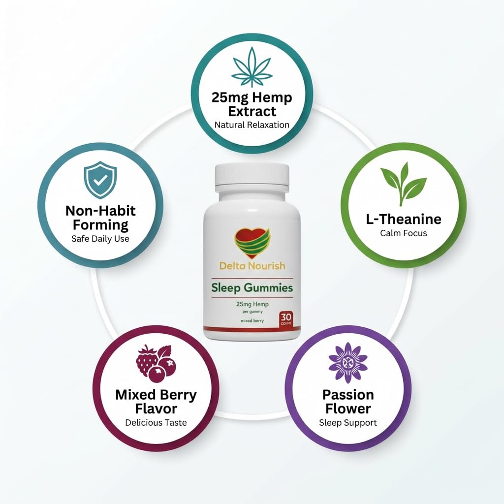 Delta nourish Sleep Gummies with Hemp Extract & L-Theanine Nighttime Calm Support, 30 Count