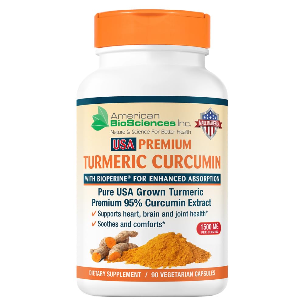 American BioSciences USA Premium Turmeric Curcumin with BioPerine 1500mg - 95% Standardized Curcuminoids & Black Pepper Extract for Enhanced Absorption - Natural Joint Support Capsules, 90