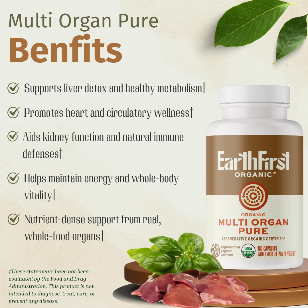 EarthFirst Organic Multi Organ Pure Liver, Heart & Kidney Blend Capsules, 180 Count