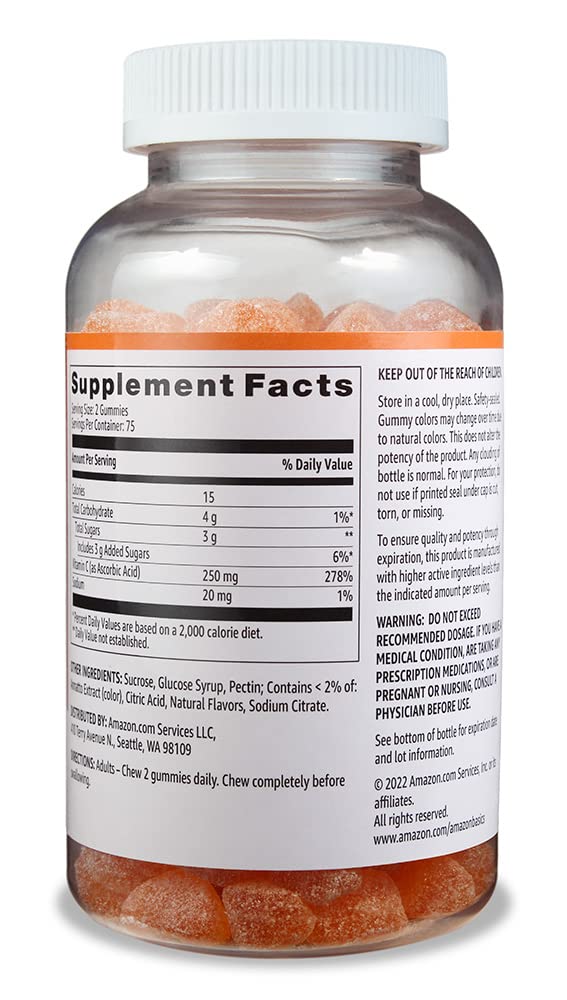 Amazon Basics Vitamin C Gummies 250 mg, Gummy, 150 Count