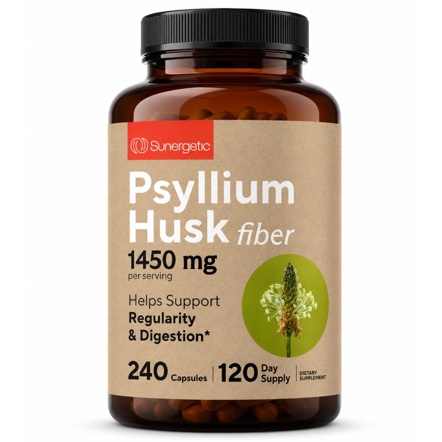 Sunergetic Psyllium Husk Fiber Supplement 1450mg 240 Capsules