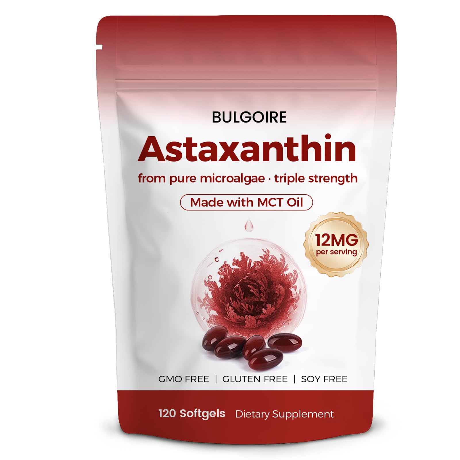BULGOIRE Astaxanthin 12mg with MCT Oil Softgel, 120 Softgels