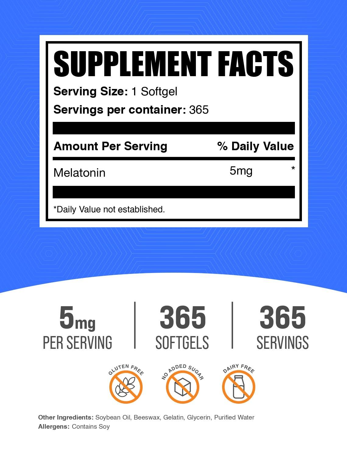 BulkSupplements Melatonin 5 mg Softgels, 365 Softgels