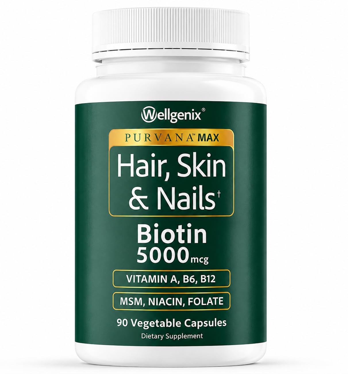 Wellgenix Purvana MAX Hair Skin & Nails Vitamins Biotin 5000mcg Capsule, 90 Count