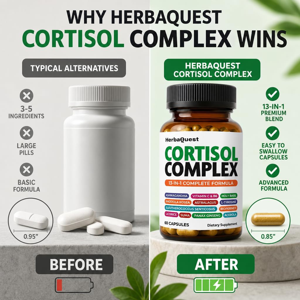 HerbaQuest Cortisol Reducer for Women – Rhodiola Rosea Supplement with Ashwagandha & L-Tyrosine, 13-in-1 Best Supplement to Reduce Cortisol, 60 Capsules