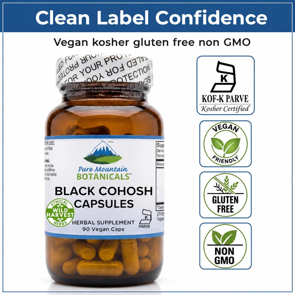 Pure Mountain Botanicals Black Cohosh Capsules 500mg - Menopause Support, 90 Capsules
