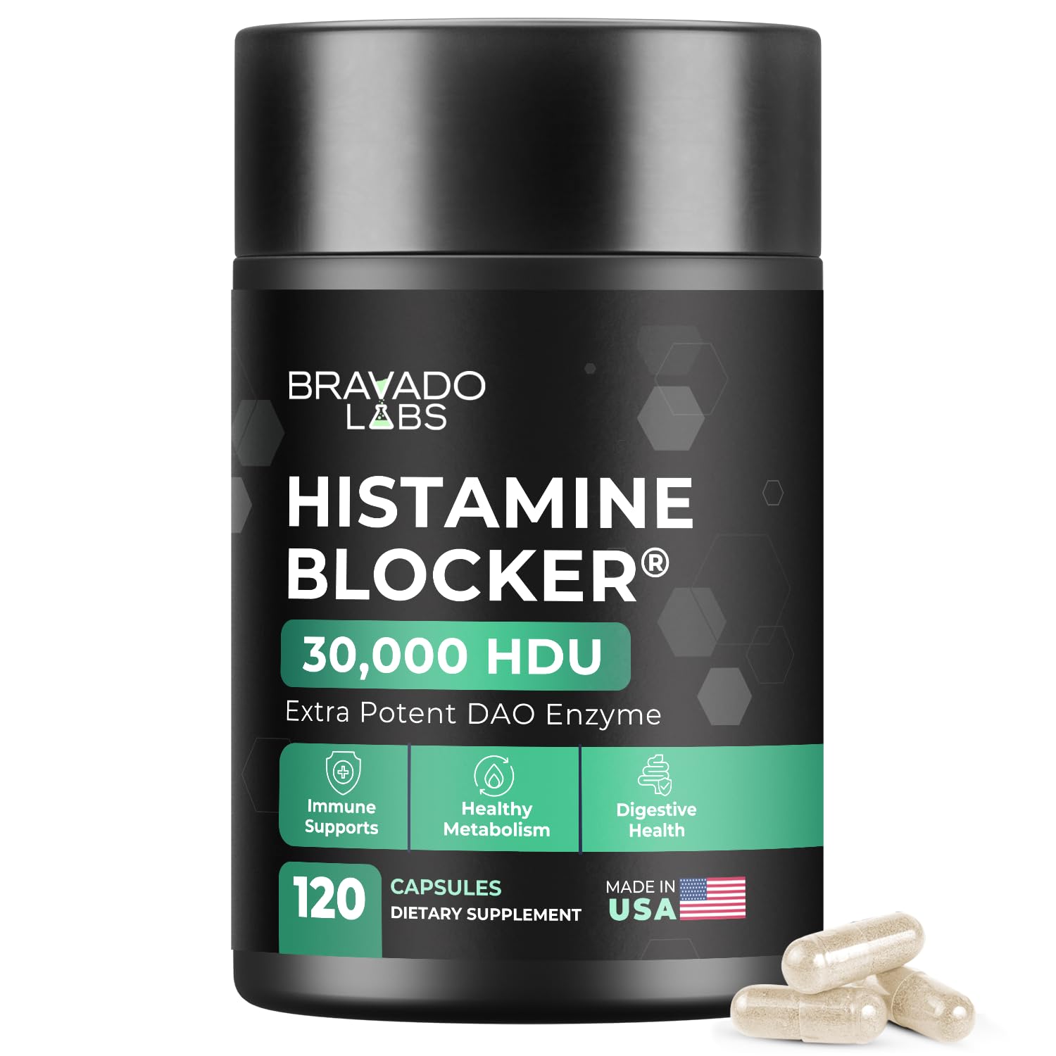 Bravado Labs DAO Supplements Histamine Blocker Extra Strength 30,000 HDU DAO Enzyme + Diamine Oxidase & Vitamin C for Daily Histamine Metabolism & Immune Support Capsules, 120 Count