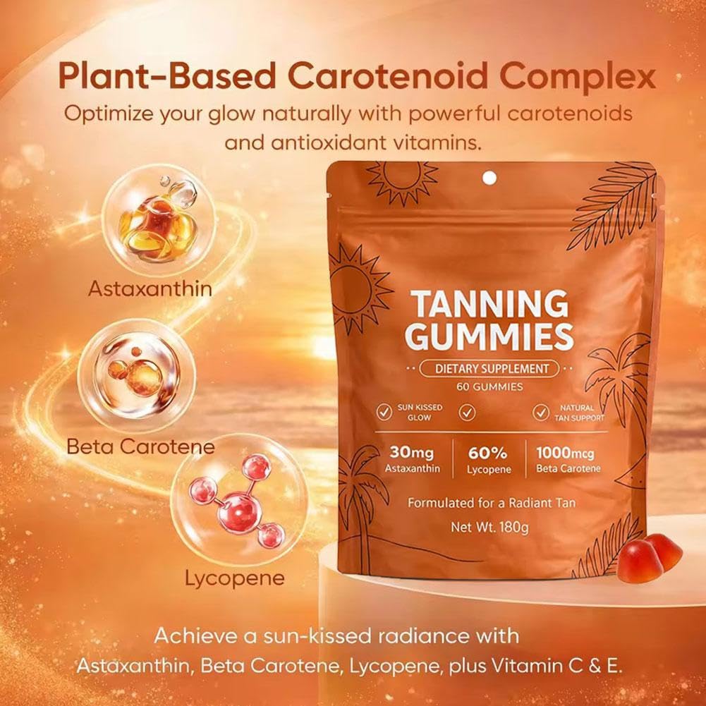 Prndkhn Skin Tanning Gummies with Vitamin C & E, Astaxanthin, Beta Carotene, Skin Radiance & Hydration for Natural Looking Glow, Vegan & Sugar Free, Bronzing, 60 Count