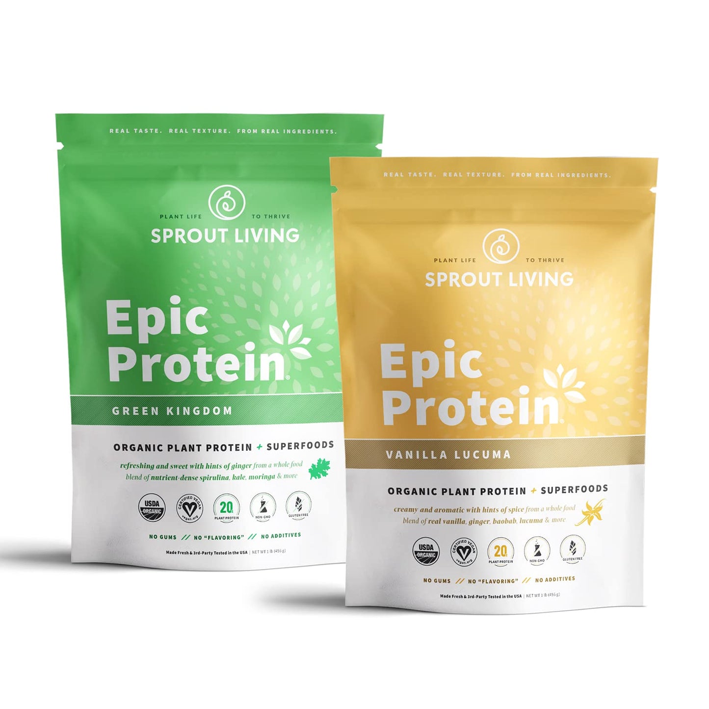 Sprout Living Epic Protein Bundle - Vanilla Lucuma & Green Kingdom Protein Powder, 20g Organic Plant-Based, 2-Pack