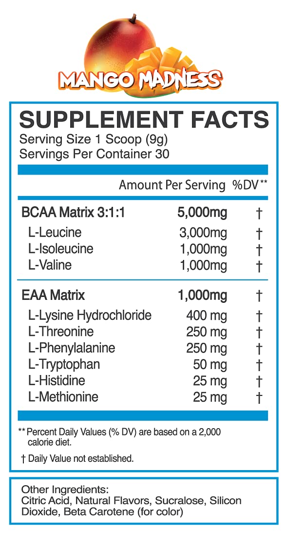 eFlow Nutrition Endure BCAA Plus EAA - Essential Amino Acids Electrolyte Powder Intra Workout - Improve Energy, Recovery and Performance - Mango Madness 9.3 oz
