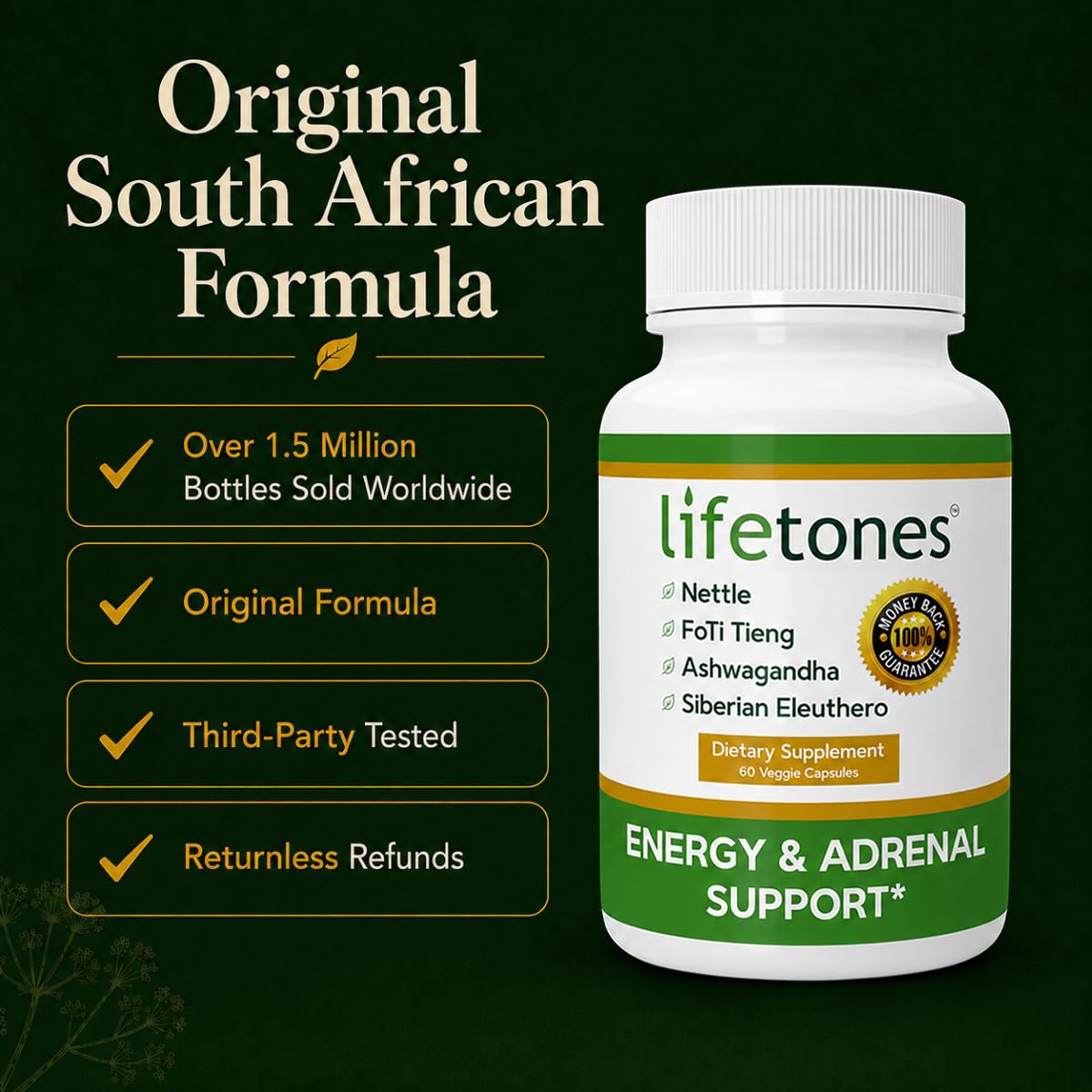 Life Tones Energy & Adrenal Support – Ashwagandha, Siberian Eleuthero, Nettle & FoTi – Herbal Adrenal & Natural Energy Supplement – Non-GMO, Sugar-Free, Caffeine-Free – 60 Vegan Capsules