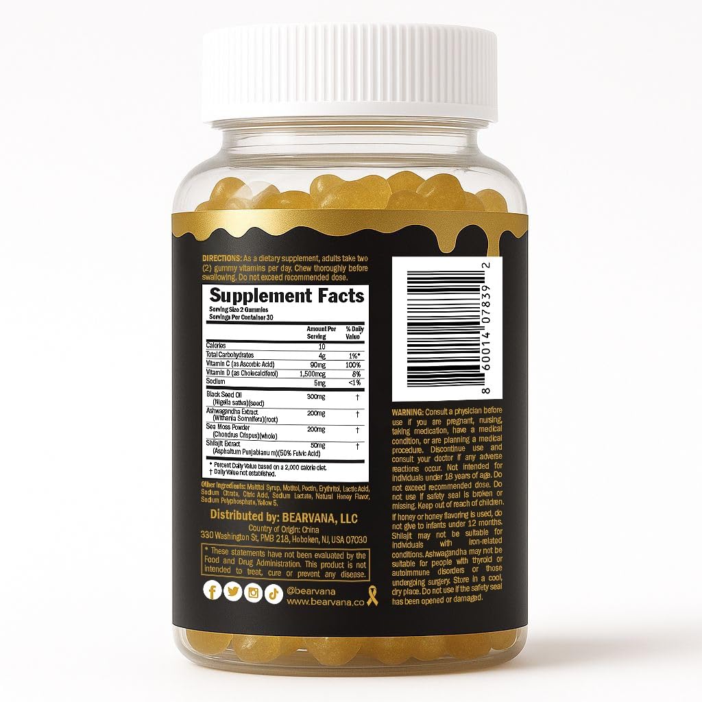 BEARVANA Black Seed Oil Gummies with Shilajit, Sea Moss & Ashwagandha 60 Gummies