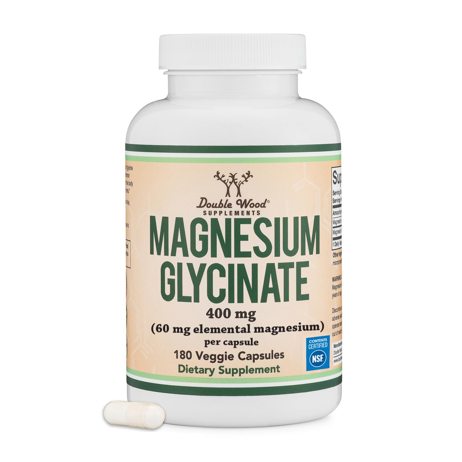 Double Wood Supplements Magnesium Glycinate 400mg Capsule, 180 Count