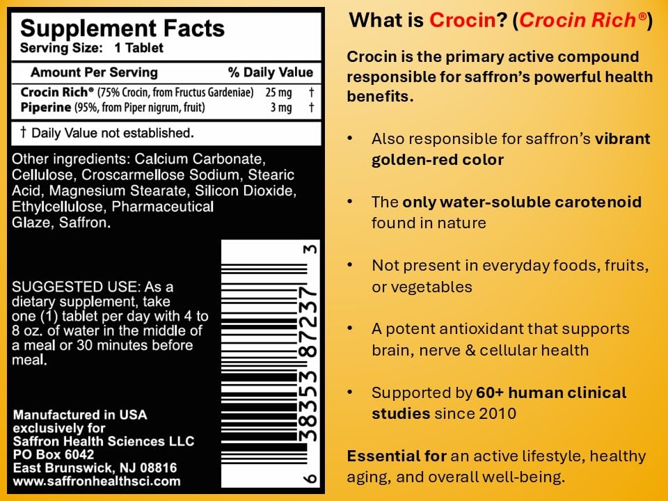 Saffron Health Sciences Crocin Rich II Mobility & Nerve Support Supplement – High-Potency Crocin (Saffron Active Compound), Tablets, 30 Count