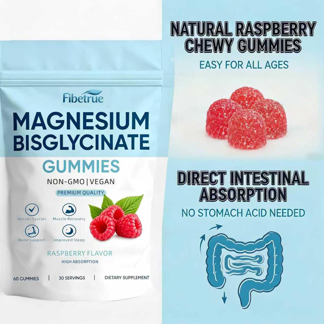 Fibetrue Magnesium Glycinate Gummies 400mg High Absorption Chelated Magnesium for Sleep, Muscle & Nerve Support, Vegan Raspberry Flavor, 60 Gummies