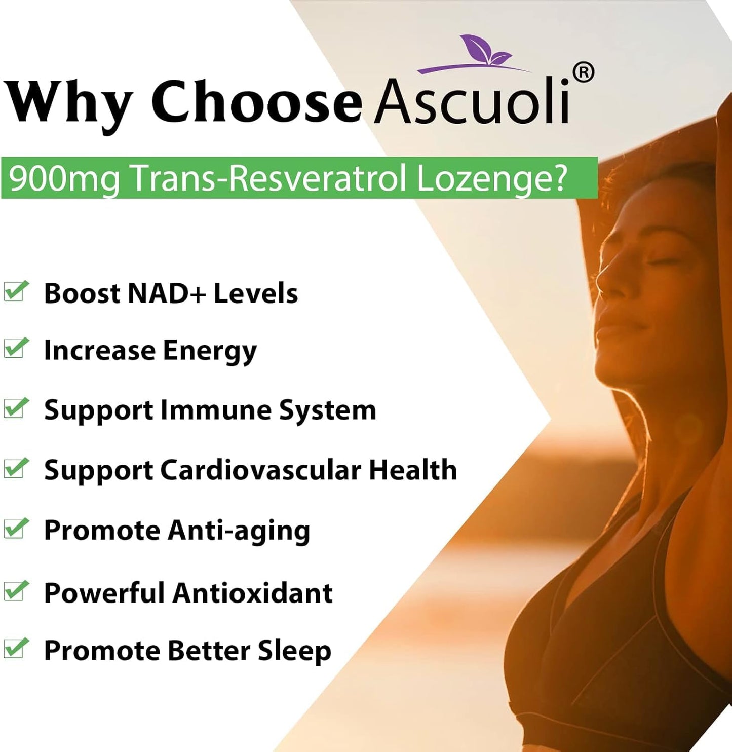 Ascuoli Trans-Resveratrol Purity 99%, 3-in-1 Advanced Formula Resveratrol Supplement for NAD+, Immune & Energy Support, Anti-Aging, Skin Health & Antioxidant, 240 Tablets