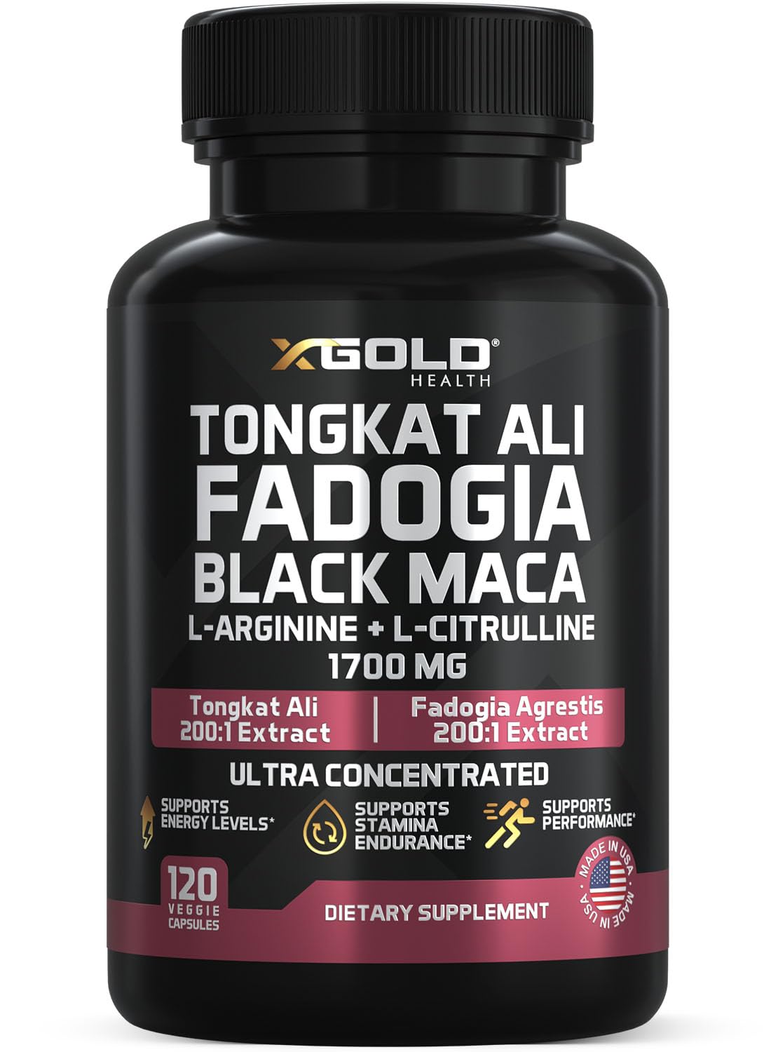 X Gold Health Tongkat Ali 200:1 + Fadogia Agrestis 10:1, 1700mg Performance Complex, Black Maca 10:1, L-Citrulline, L-Arginine, Energy, Stamina & Men's Vitality, Non-GMO, 120 Capsules