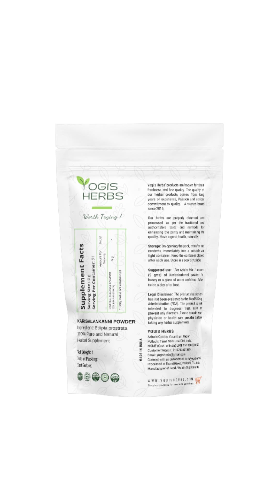 YOGIS HERBS Karisalankanni Powder, Bhringraj/Eclipta alba (False Daisy/Kesharaja - King of Hair) Traditional Ayurvedic Hair Care Powder, 8 oz
