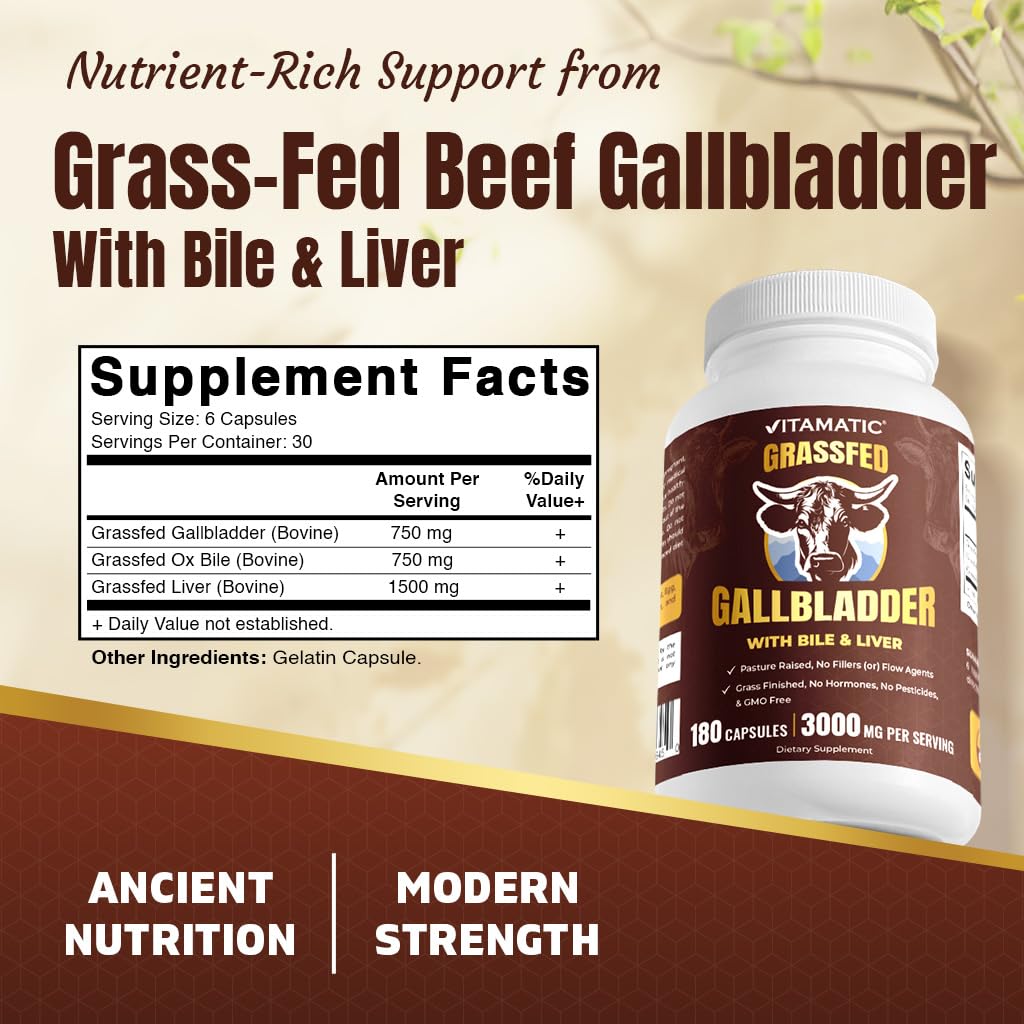 Vitamatic Grass-Fed Beef Gallbladder with Bile & Liver Capsules 180