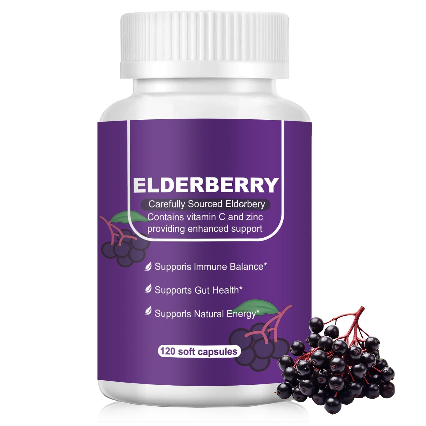 Nakiny Black Elderberry Immune & Gut Support Complex - 2-in-1 Daily Defense with Zinc, Vitamin C, D3 & Echinacea Softgels, 120 Count