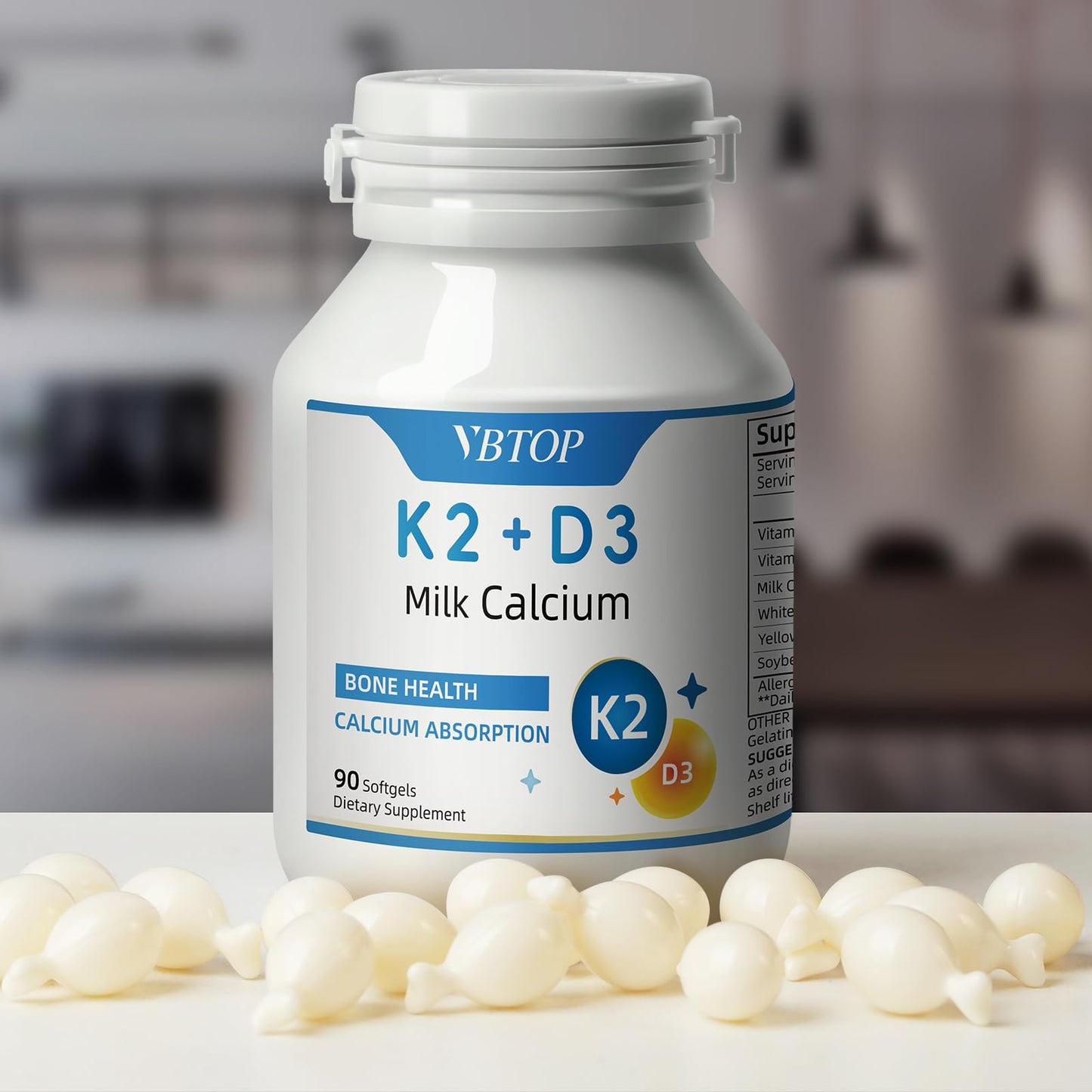 VBTOP Calcium Supplement 800mg with Vitamin D3 1000 IU & K2 45mcg Softgels, 180 Count