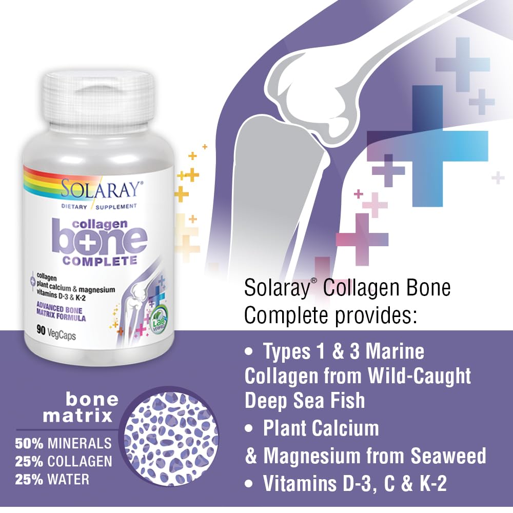SOLARAY Collagen Bone Complete Marine Collagen Capsules with Calcium, Magnesium and Vitamin D3 for Bone Strength and Health Support, 90 Capsules