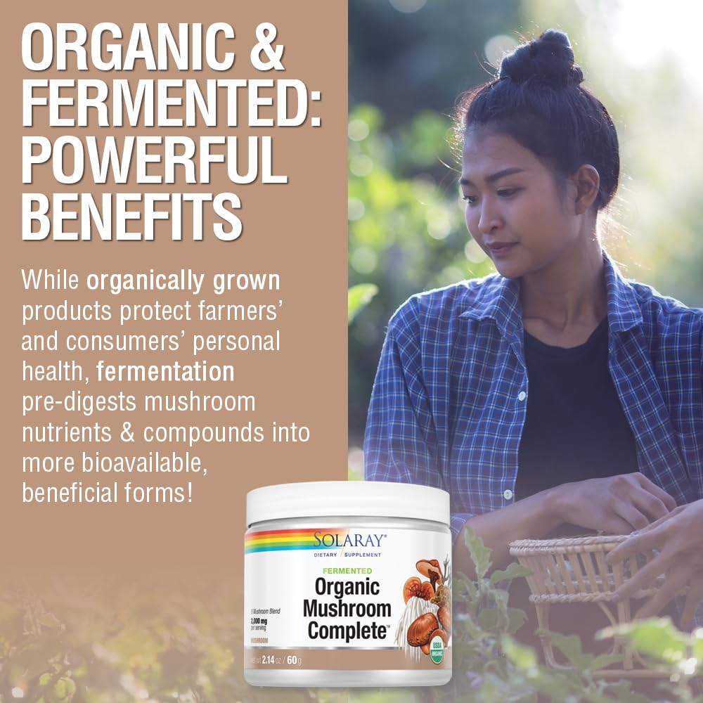 SOLARAY Fermented Organic Mushroom Complete Powder - 8 Mushroom Blend, 2000 mg per Serving, 2.14 oz