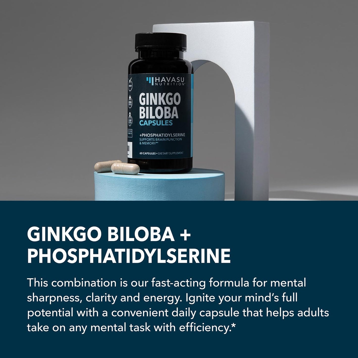HAVASU NUTRITION Ginkgo Biloba 120mg with Phosphatidylserine Nootropic Supplement Capsules, 60 Count