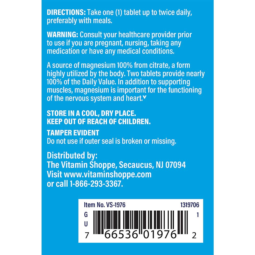 The Vitamin Shoppe Magnesium Citrate 200mg Tablets, 100 Count
