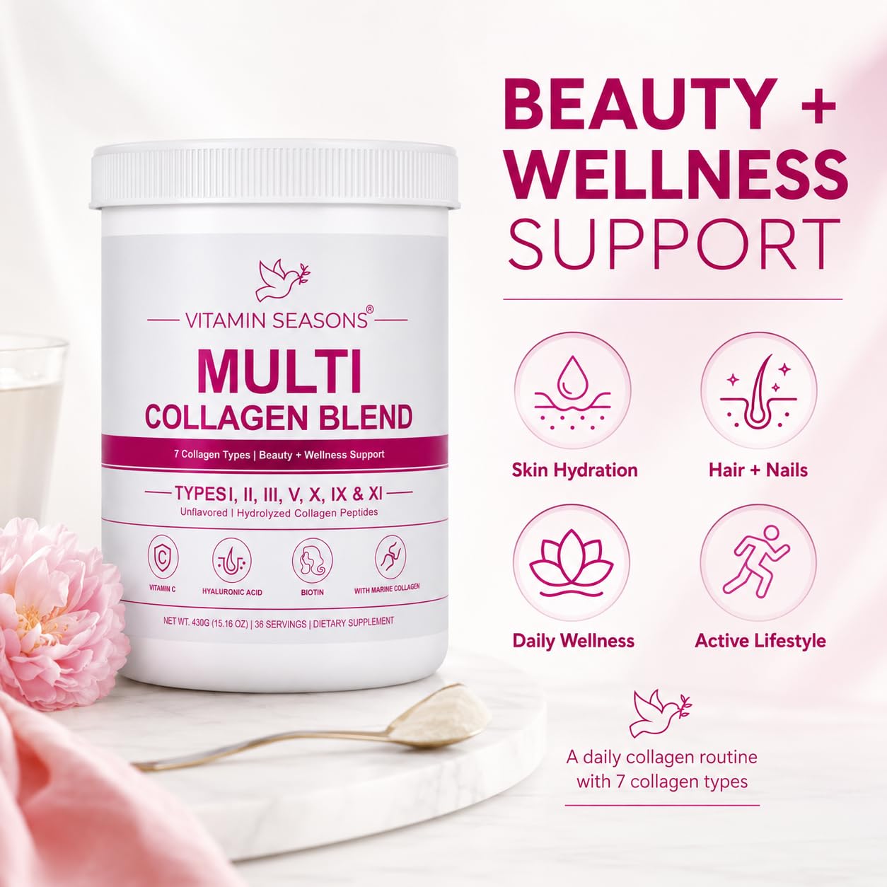 VITAMIN SEASONS Multi Collagen Peptides 7 Types Unflavored Powder 15.16 Ounce