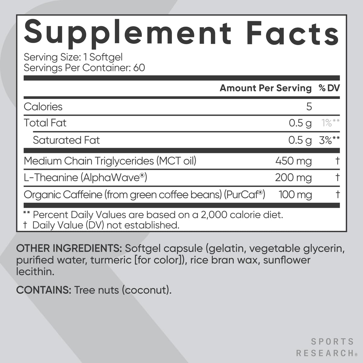 Sports Research L-Theanine Supplement with Caffeine & Coconut MCT Oil Softgels 60 Count
