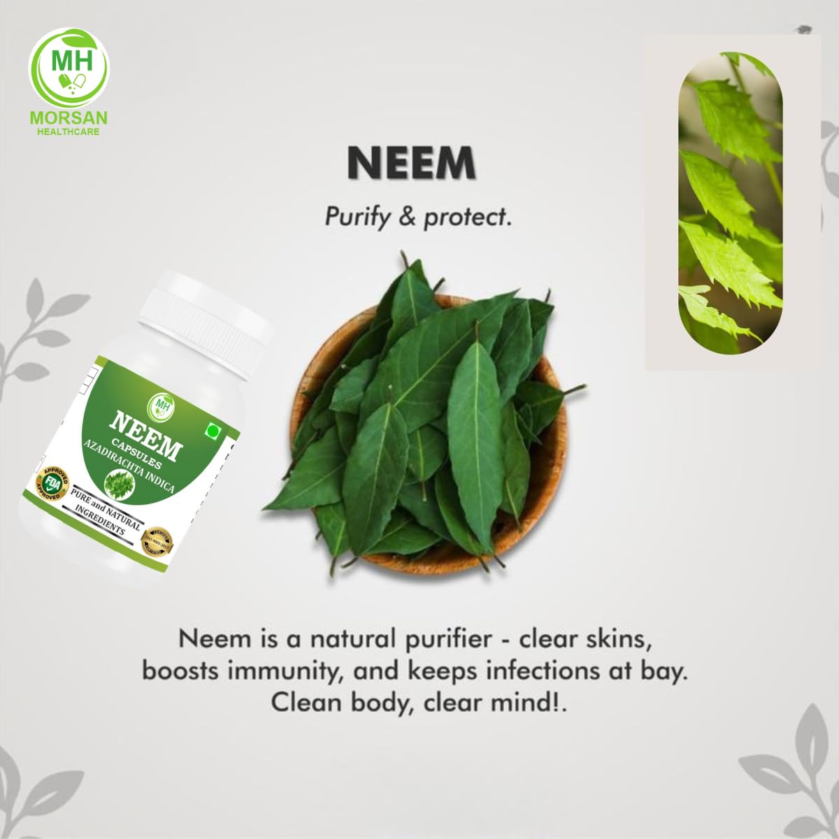 Morsan Healthcare Neem (Azadirachta Indica) Capsules - 500 mg, 60 Veg Capsules