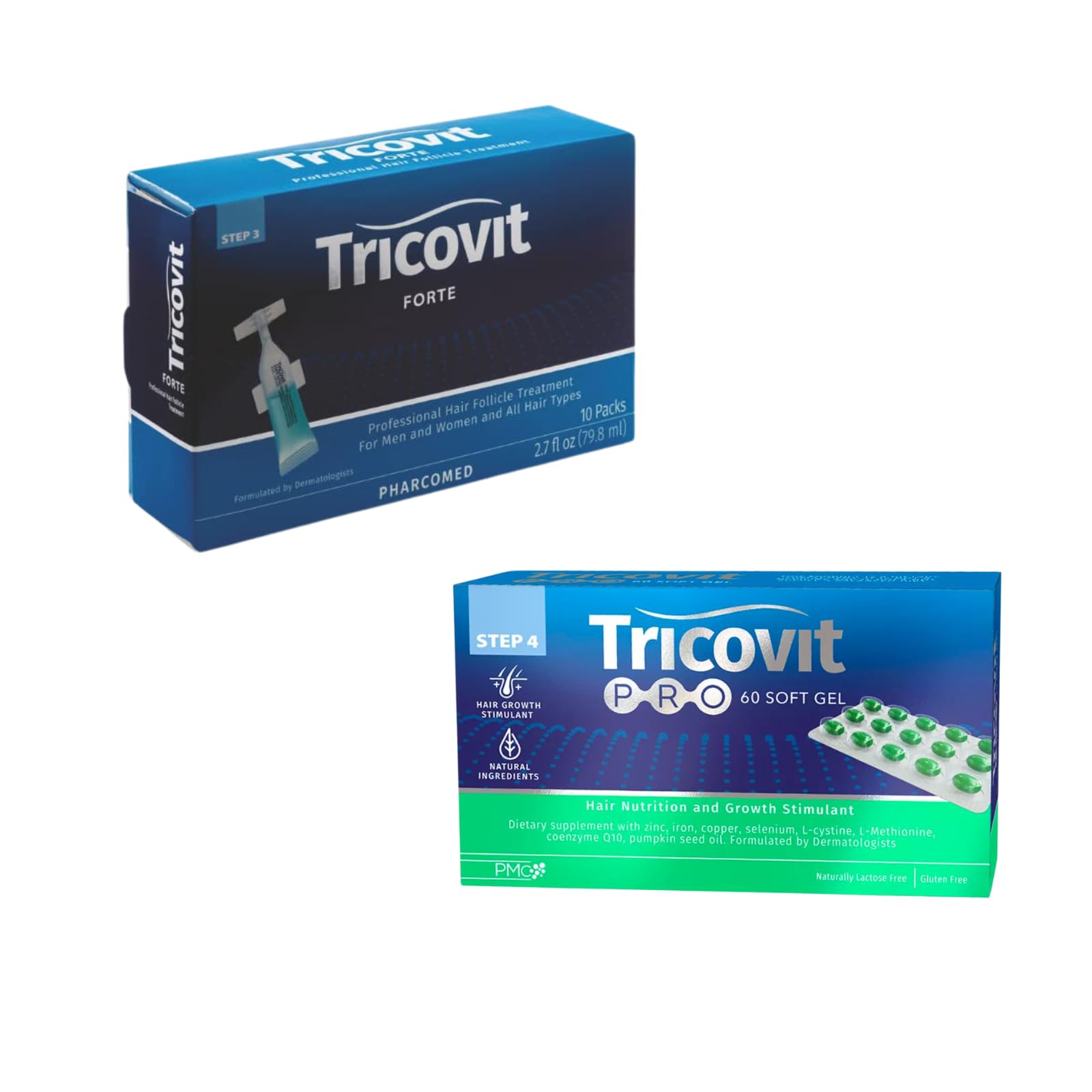 Tricovit Hormonal Emergency Kit Pro Hair Nutrition & Growth Stimulant (60 gels) Capsule & Forte Hair Lotion with Androgen and DHT Blockers for Thinning Hair and Hair Loss (10 packs) Lotion, 2-Pack