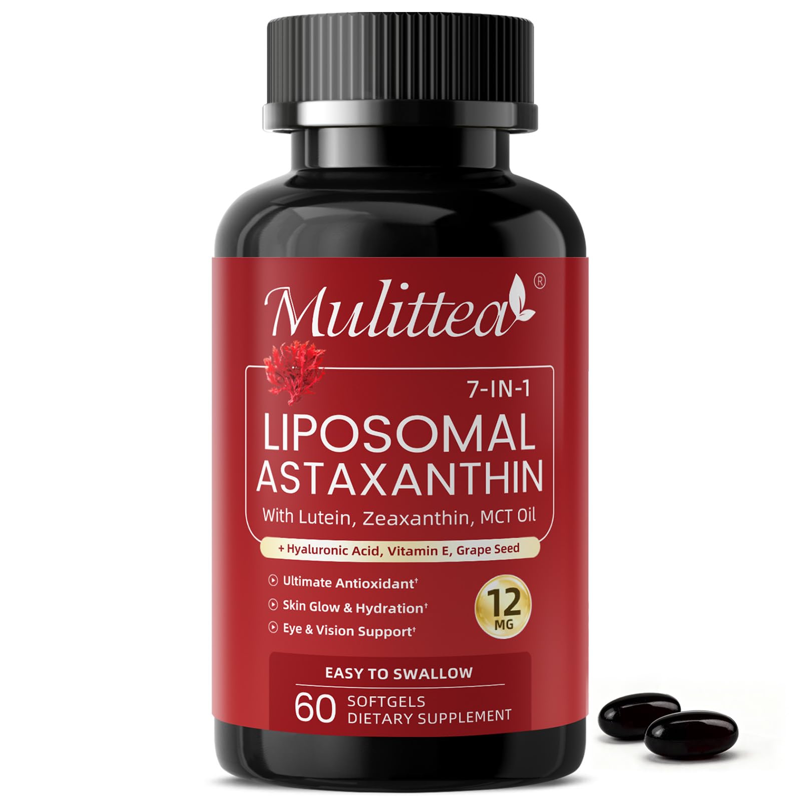 Mulittea Liposomal Astaxanthin 12mg with Hyaluronic Acid & Lutein for Skin & Eye Softgels, 60 Count