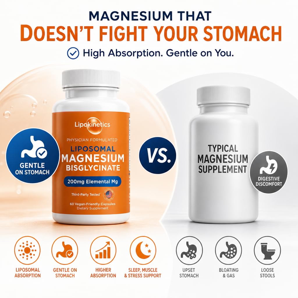 Lipokinetics Liposomal Magnesium Bisglycinate 200mg Elemental Mg, 60 Capsules