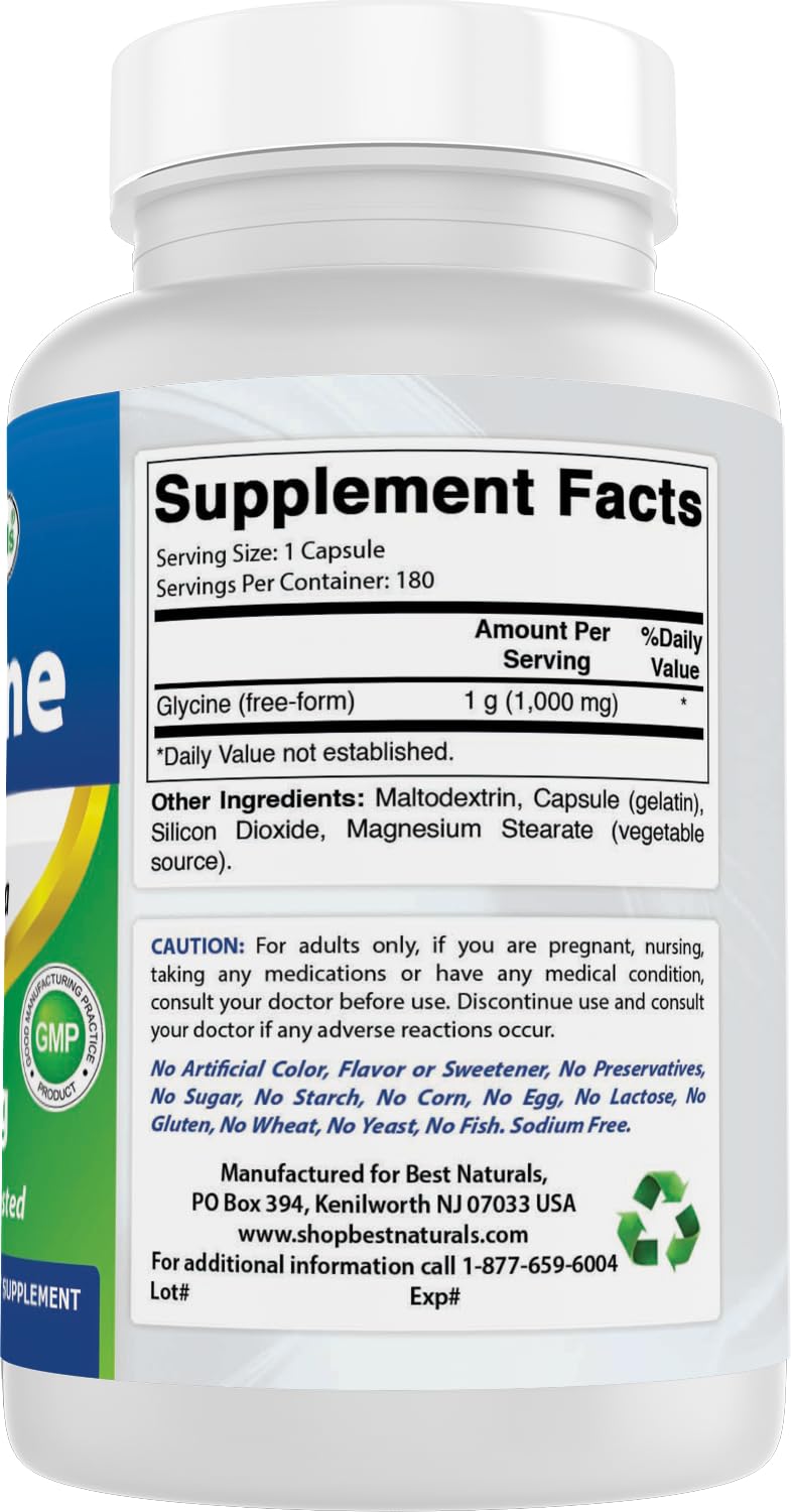 Best Naturals Glycine Supplement 1000 mg Capsule, 180 Count