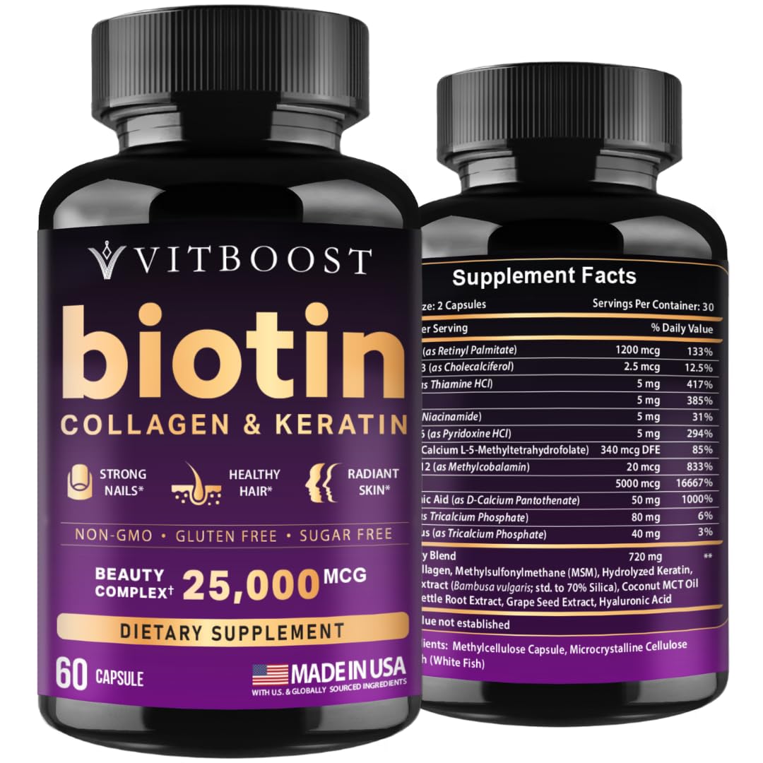 VITBOOST Biotin with Hyaluronic Acid, Collagen and Keratin 25000 mcg Hair Growth Vitamins for Men and Women – Nails and Skin, USA Made - Third Party Tested, B1, B2, B3, B6, B7 Complex, 60 Capsules