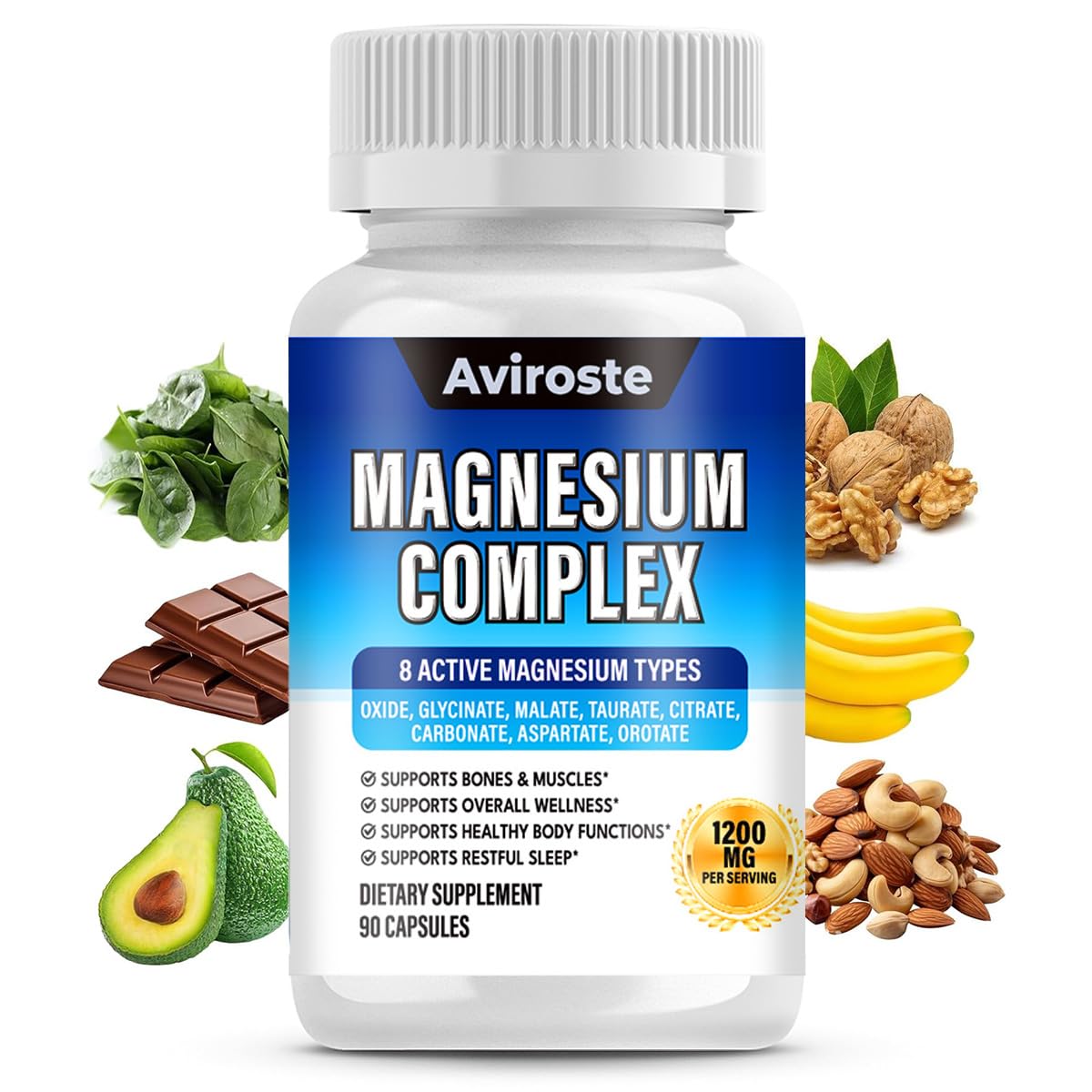 Aviroste Magnesium Complex Capsules, 8-Elemental 1000mg (Glycinate, Citrate, Malate, Taurate) - 1 Count